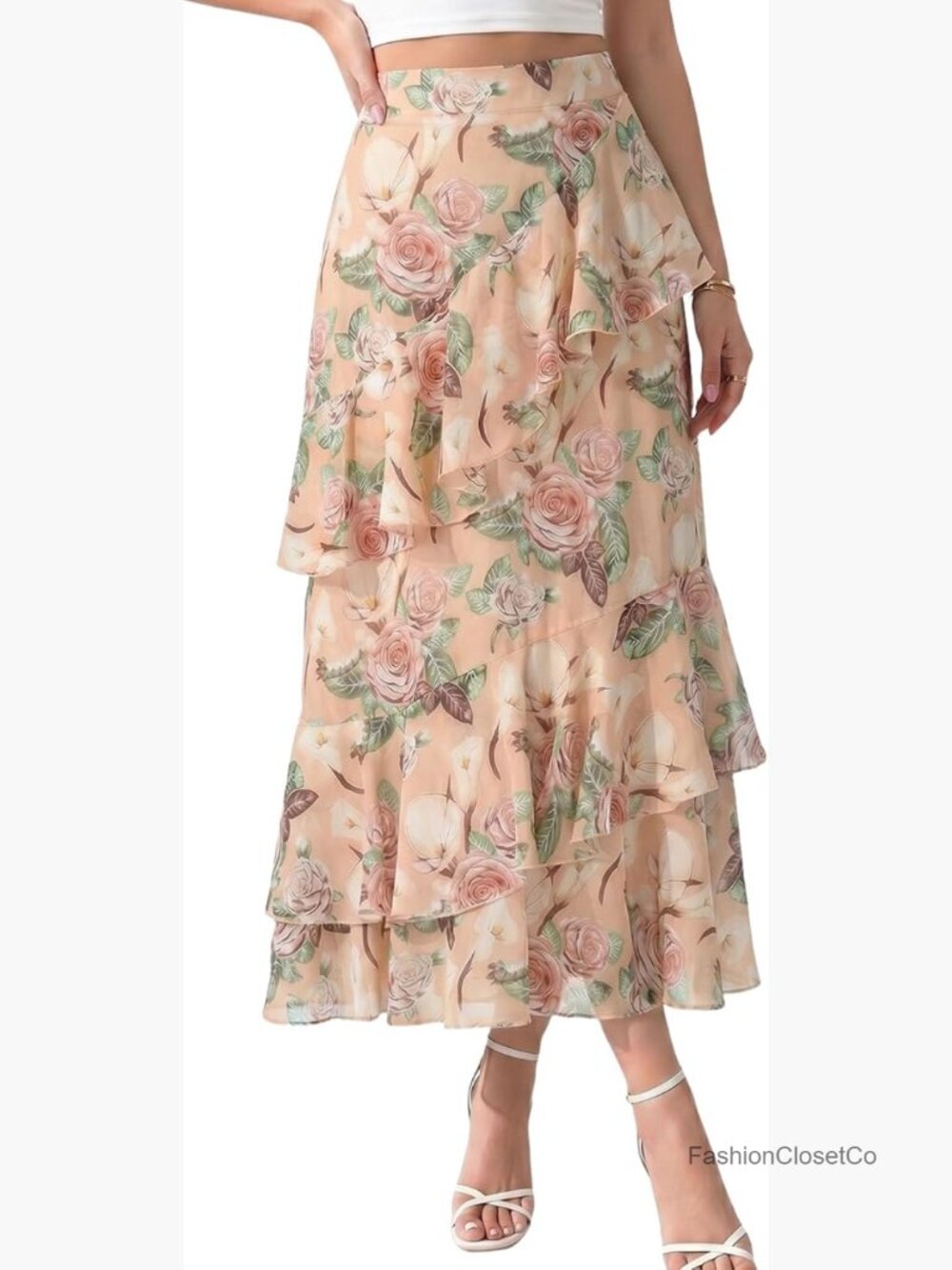 Boho Flowy Maxi Skirt Tiered Ruffle Elastic Waist Summer Long Midi Skirt